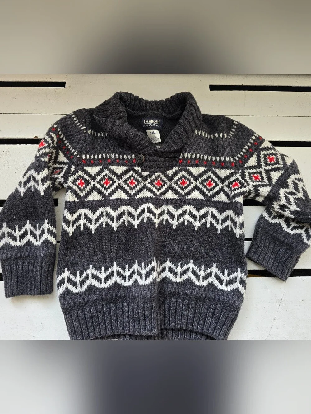 OshKosh B'gosh Charcoal, White & Red Shawl Collar Fair Isle Cardigan